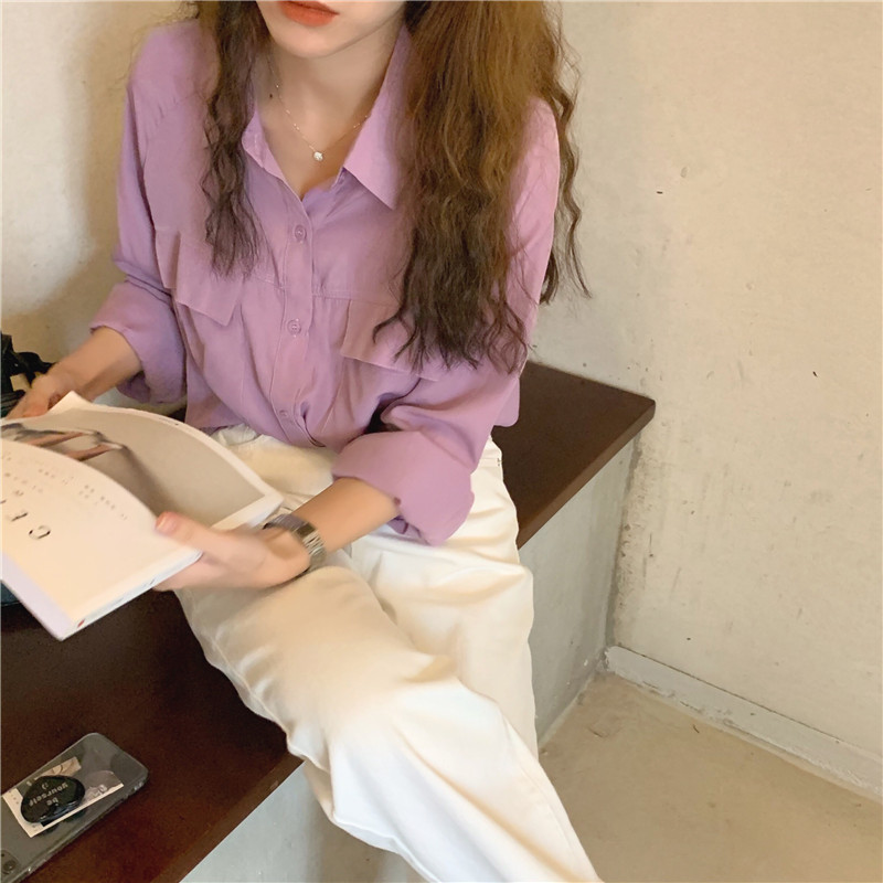 Long sleeve Korean style double pocket all-match shirt