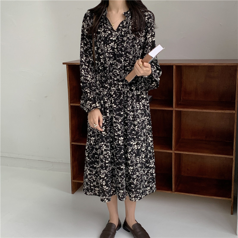 Long pinched waist floral Korean style autumn sleeve dress