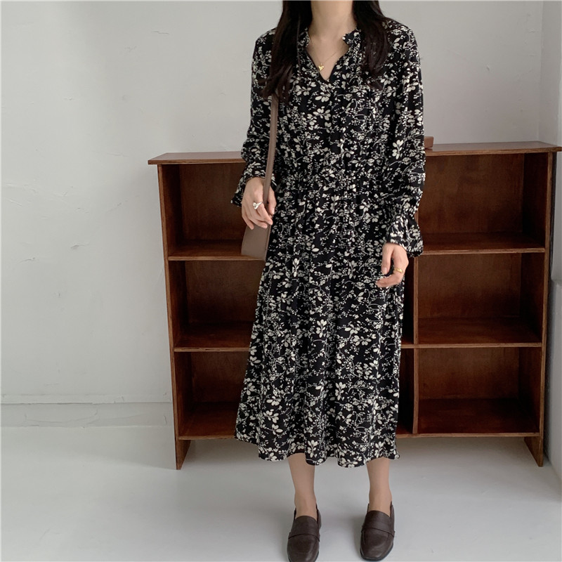 Long pinched waist floral Korean style autumn sleeve dress