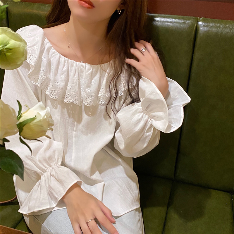 Long sleeve sweet pure lace splice Korean style shirt