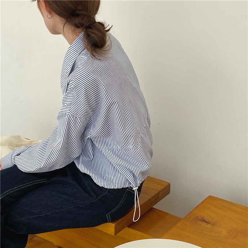 Korean style drawstring short stripe embroidery shirt