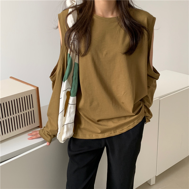 Long sleeve strapless pure round neck loose autumn T-shirt