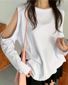 Long sleeve strapless pure round neck loose autumn T-shirt