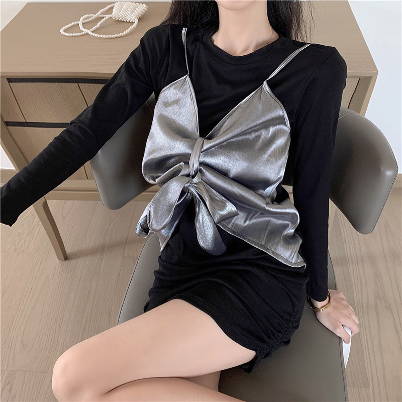 Bandage autumn pinched waist Pseudo-two package hip bow dress