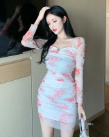 Printing lace bottoming slim autumn pinched waist dress