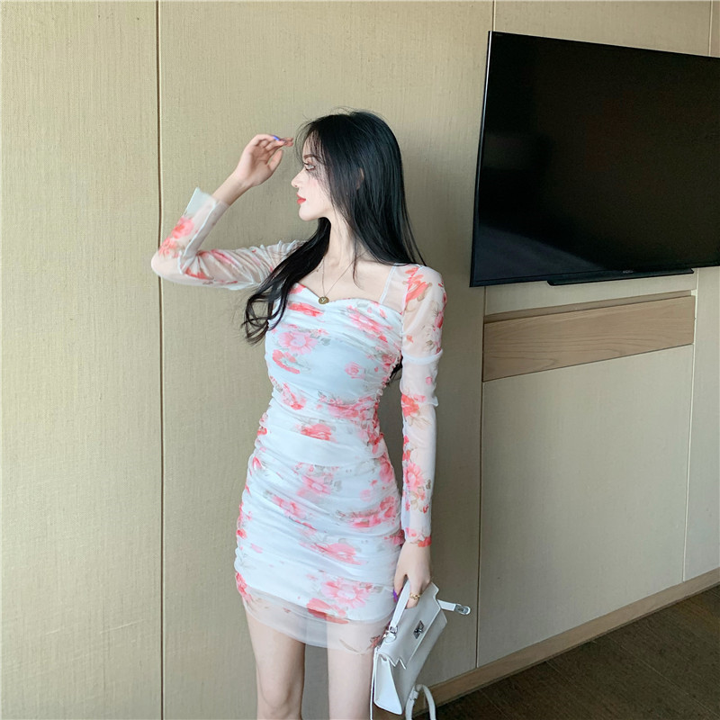 Printing lace bottoming slim autumn pinched waist dress