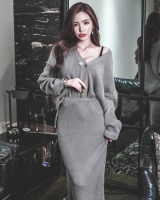 Autumn V-neck skirt slim sweater 2pcs set for women