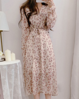 Frenum Korean style long pinched waist floral dress