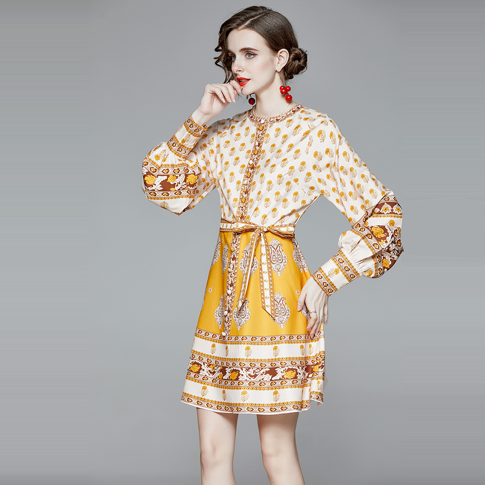 Pinched waist national style elegant printing dress