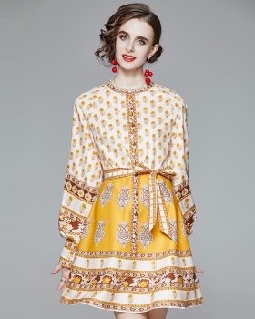 Pinched waist national style elegant printing dress