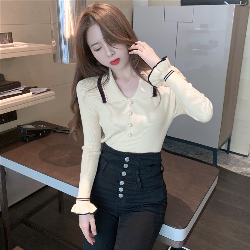 Trumpet sleeves wood ear sweater autumn tops for women
