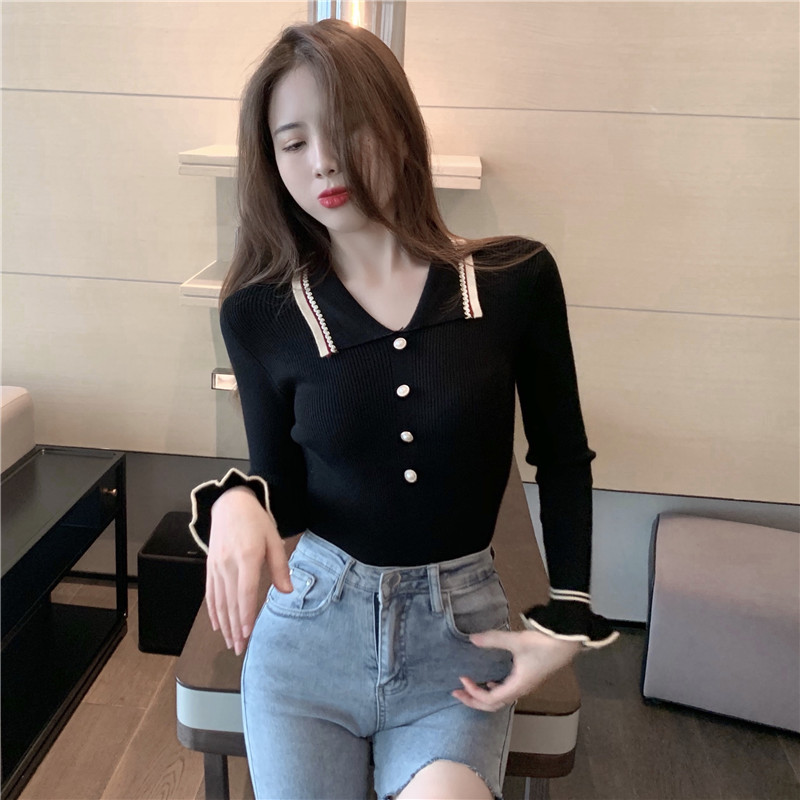 Trumpet sleeves wood ear sweater autumn tops for women