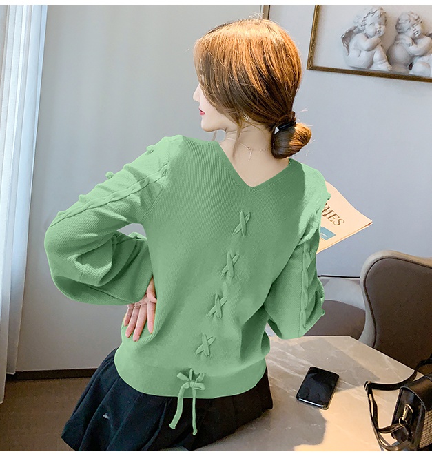 V-neck lantern sleeve sweater autumn and winter frenum tops