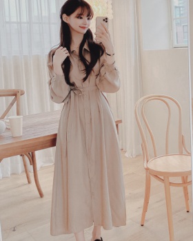 Korean style simple frenum pinched waist long pure dress