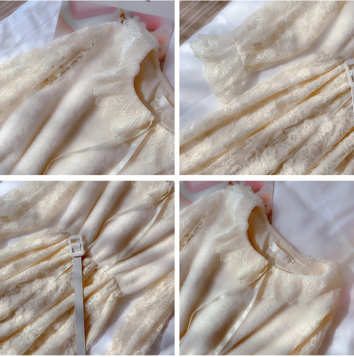 Lady lace imitation of mink velvet frenum splice dress