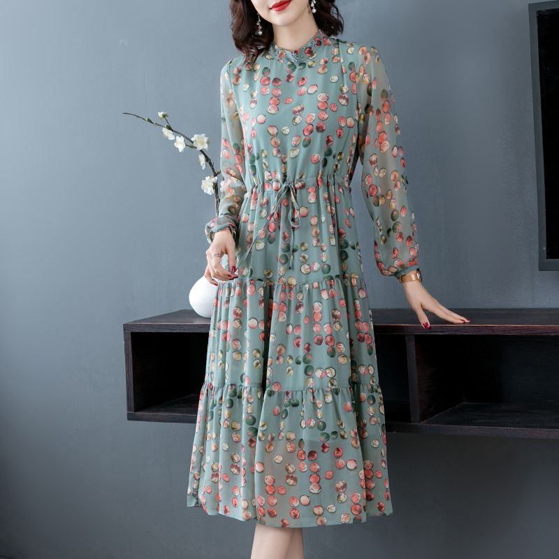Slim printing chiffon retro autumn dress for women