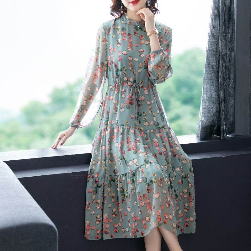 Slim printing chiffon retro autumn dress for women