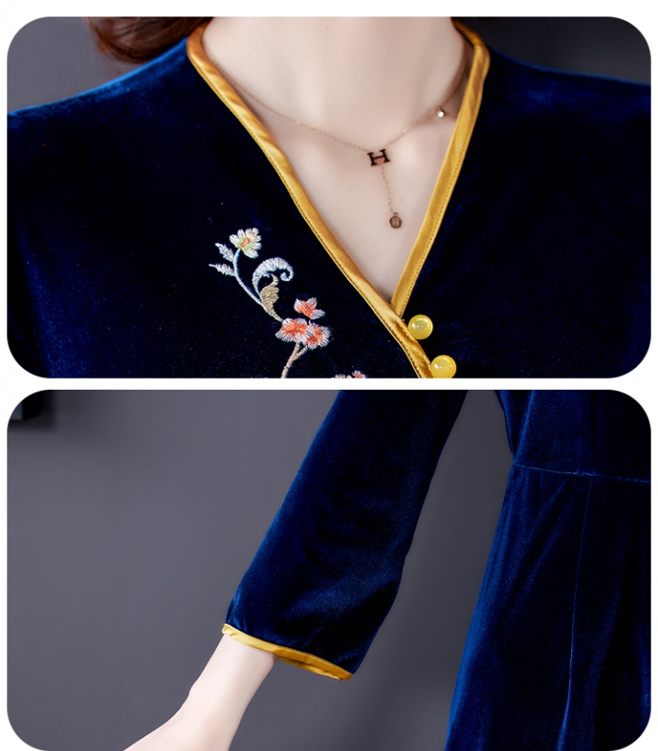 Embroidery autumn and winter slim velvet dress for women