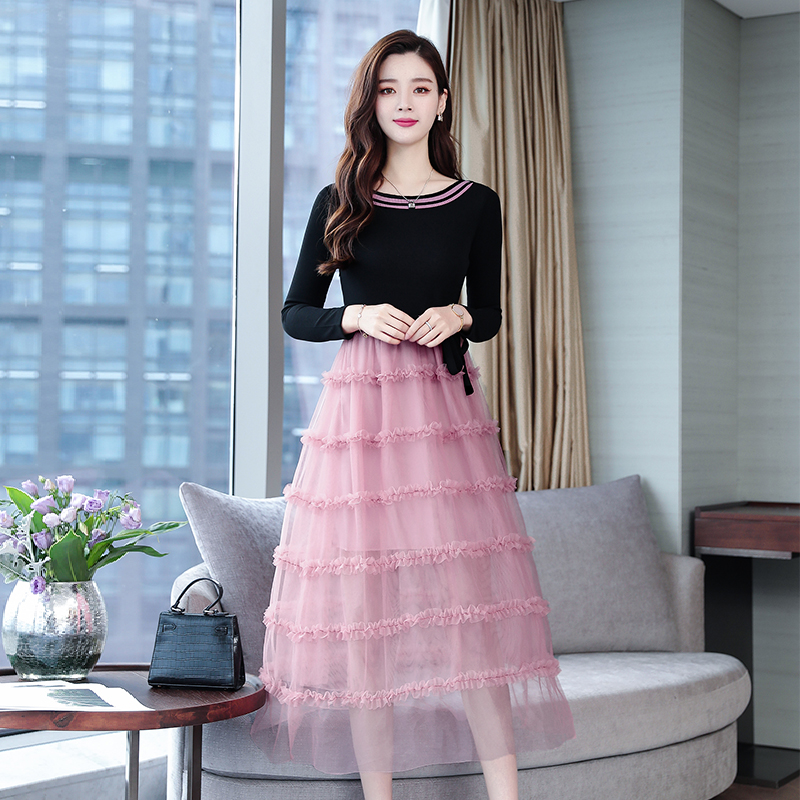 Long chiffon spring Korean style long sleeve dress for women