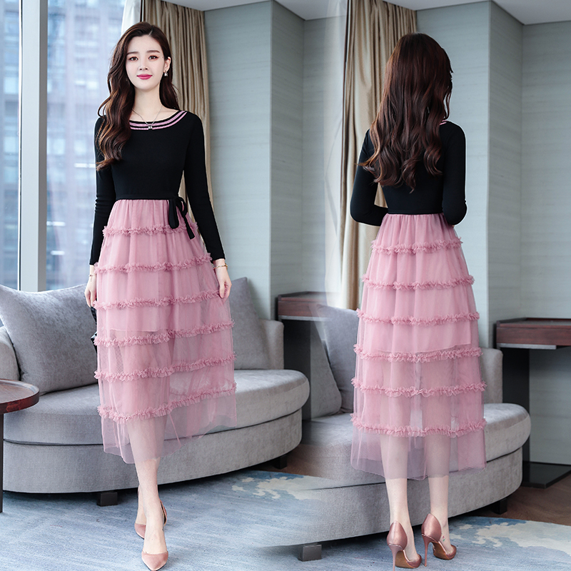 Long chiffon spring Korean style long sleeve dress for women