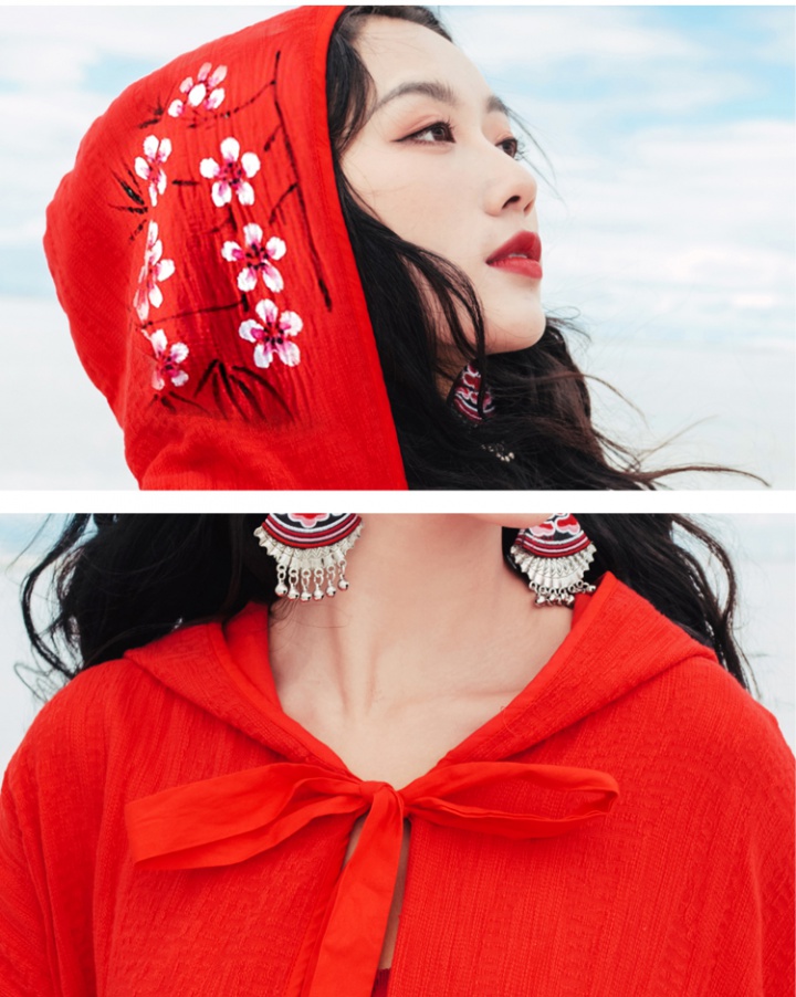 Embroidered big red cloak hooded national style windbreaker