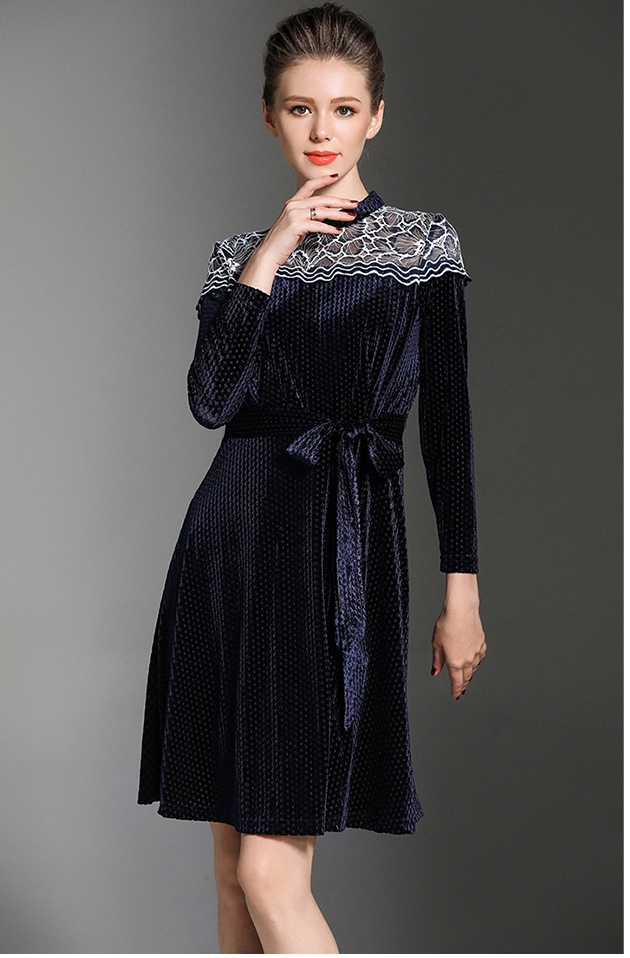 Velvet nine points sleeve embroidery hollow dress