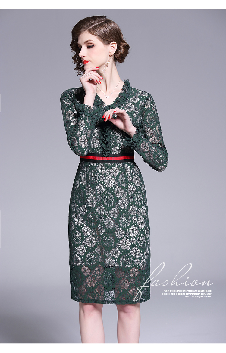Lace slim autumn long long sleeve V-neck dress
