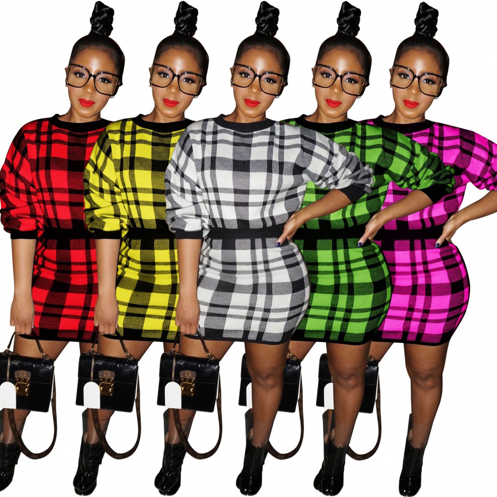 Plaid package hip dress autumn and winter T-back a set