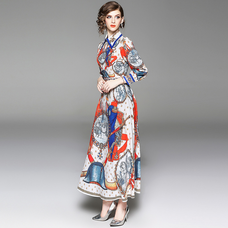European style retro printing spring long dress for women