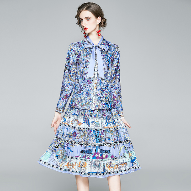 Printing streamer collar tops autumn short skirt 2pcs set