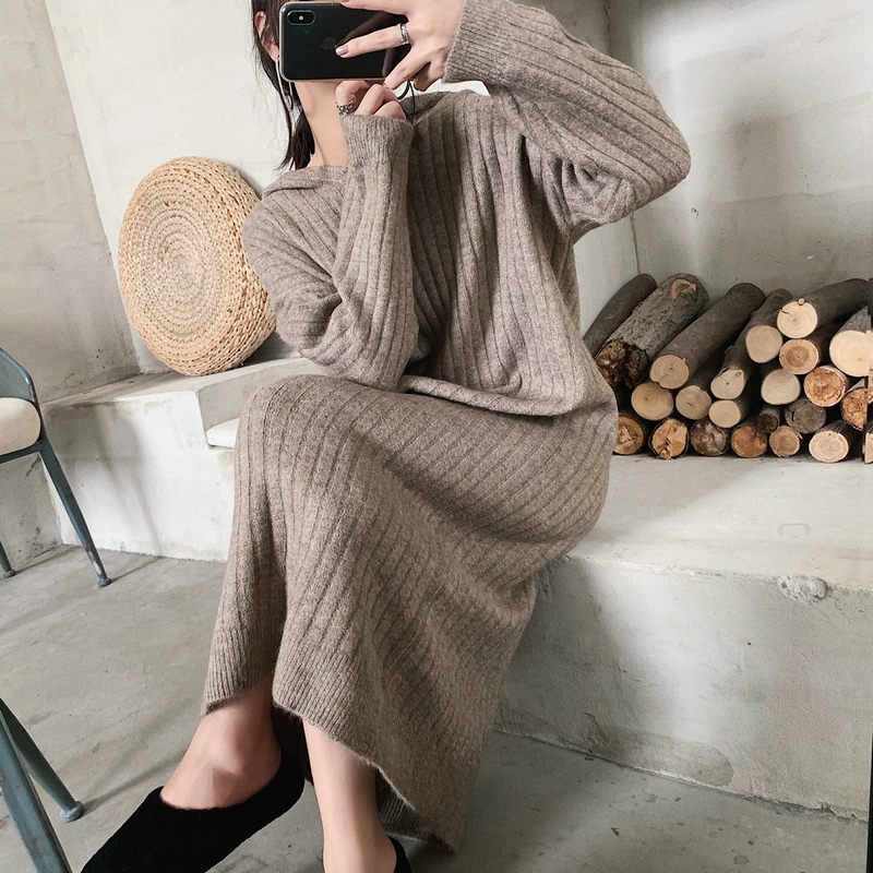 Korean style woolen yarn dress long hooded skirt