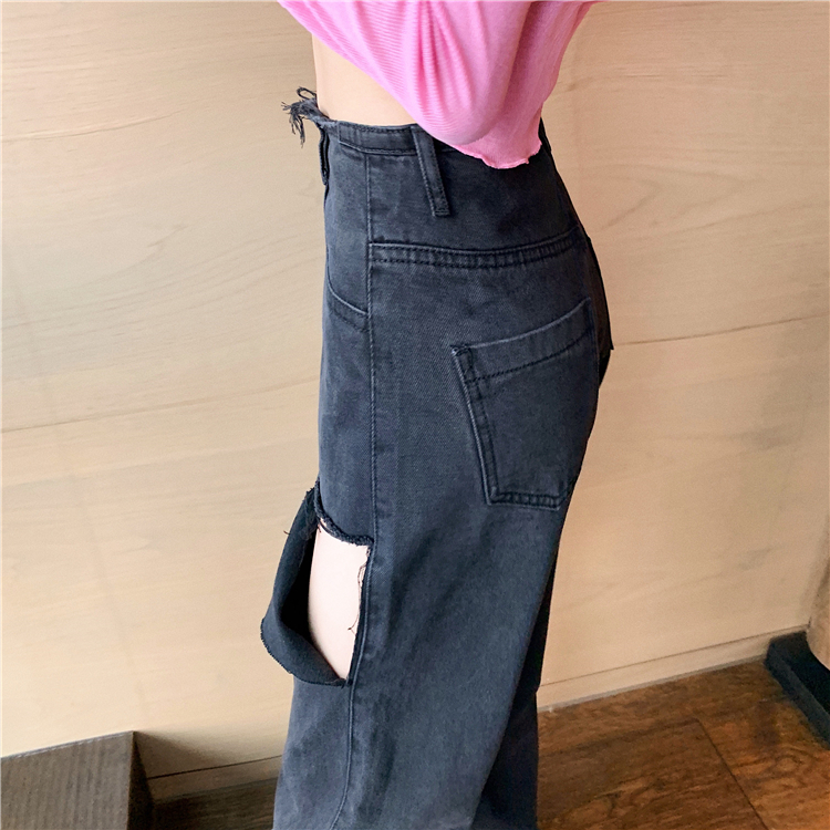Retro slim high waist pants holes Korean style jeans