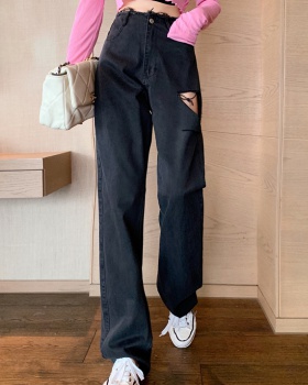 Retro slim high waist pants holes Korean style jeans