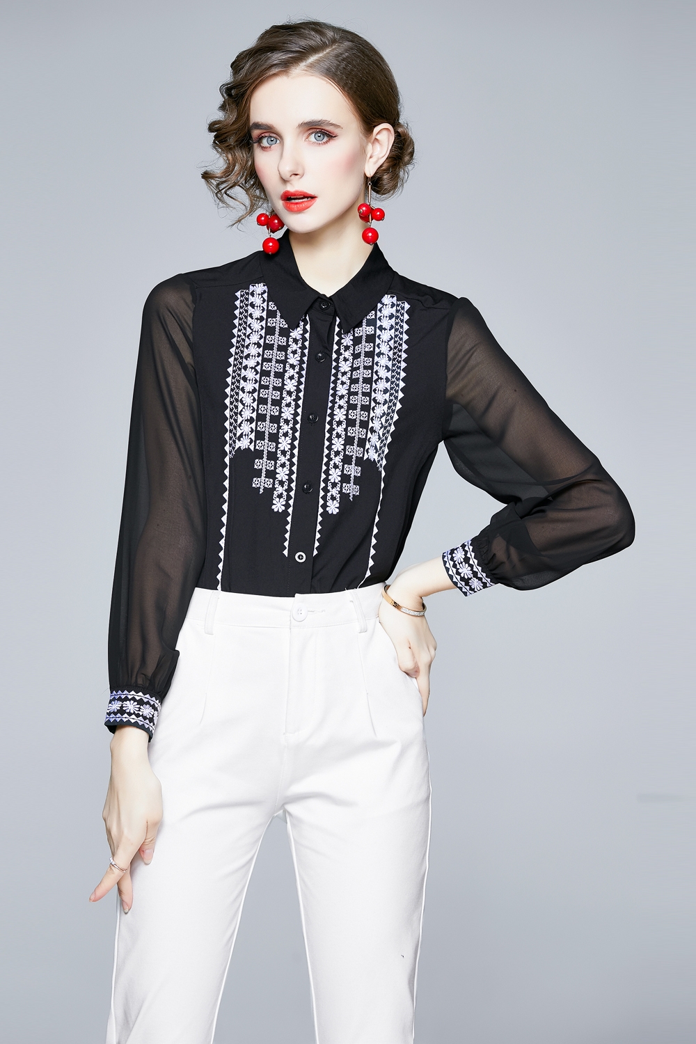 Embroidery long sleeve light single-breasted fashion shirt