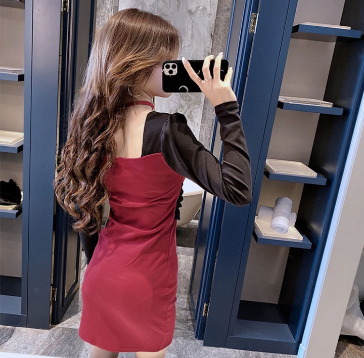 Pinched waist temperament mixed colors slim bottoming dress