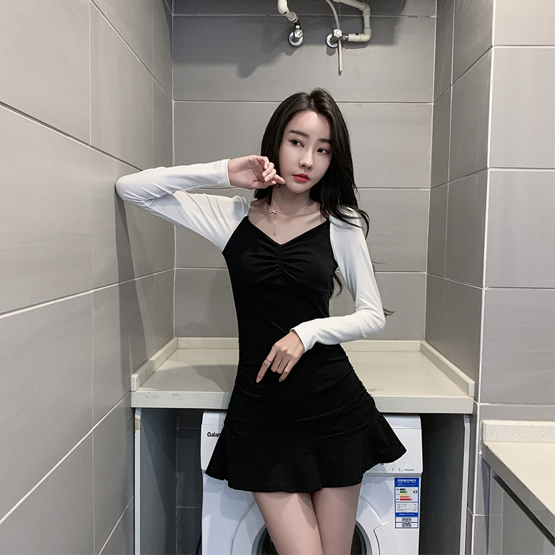 V-neck fold slim dress all-match Korean style T-back