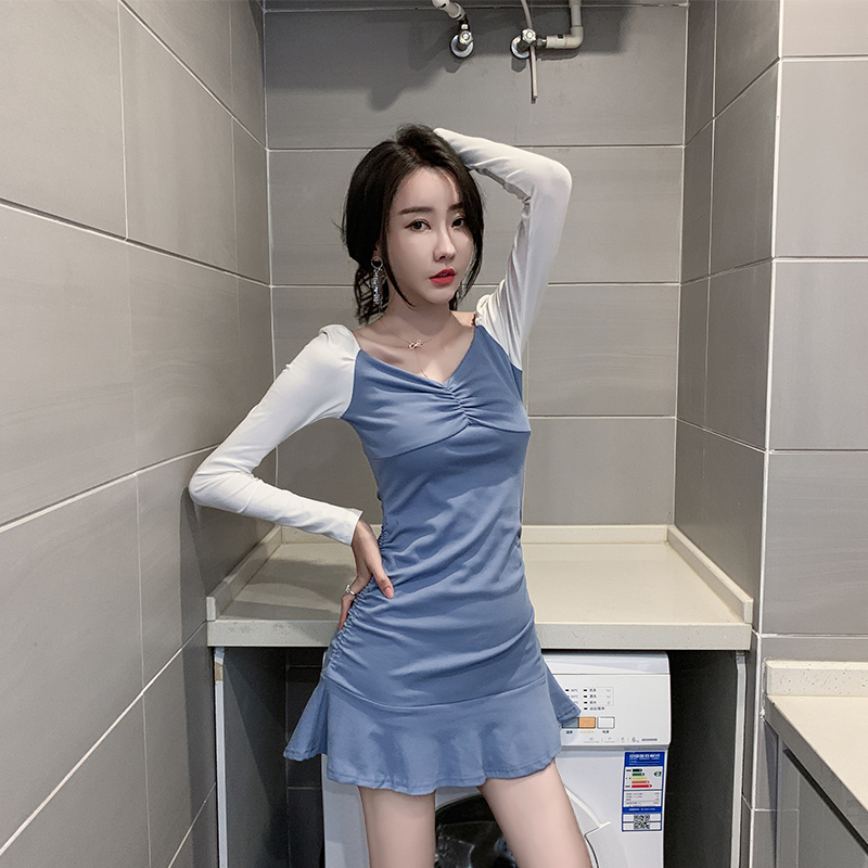V-neck fold slim dress all-match Korean style T-back