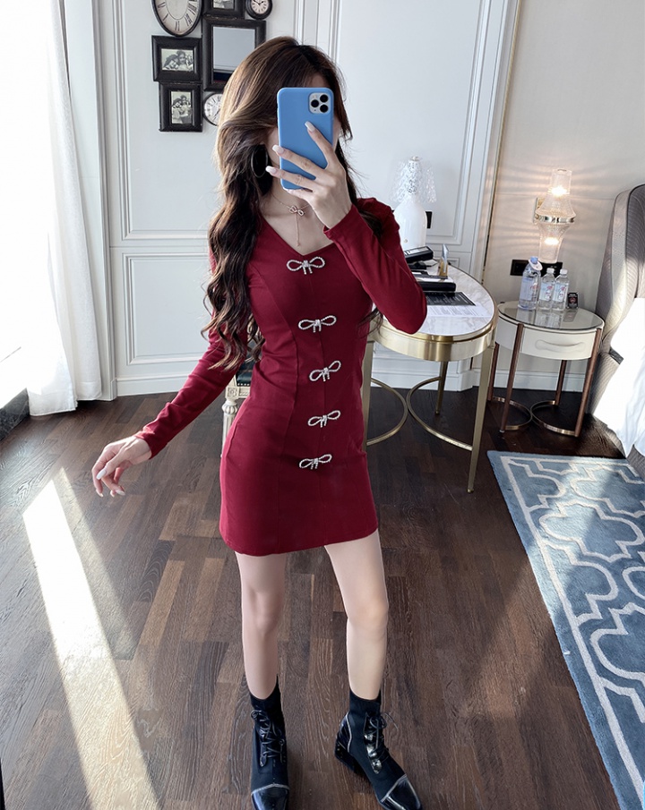 Package hip pinched waist tight temperament long sleeve dress