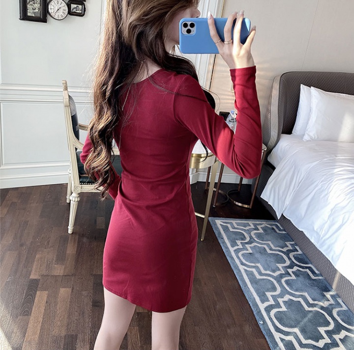 Package hip pinched waist tight temperament long sleeve dress