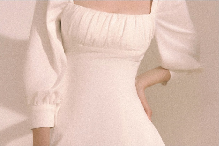 Pinched waist square collar white ladies slim dress