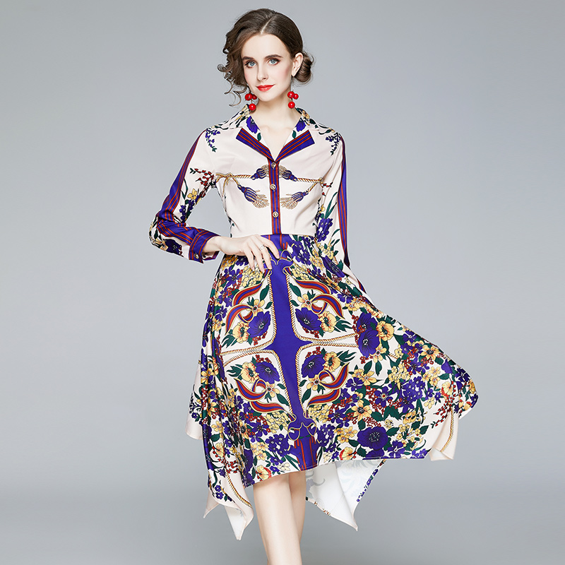 Slim European style printing all-match pinched waist dress