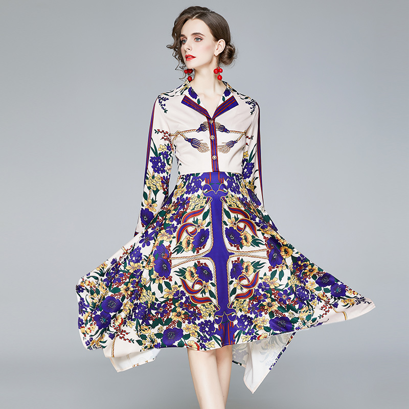 Slim European style printing all-match pinched waist dress