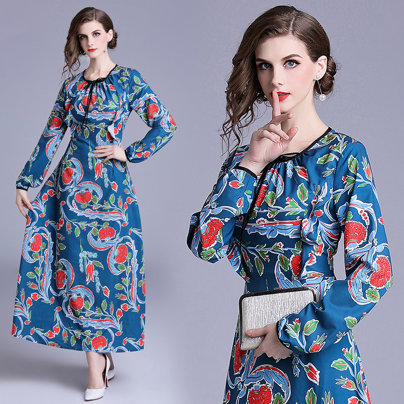 Long sleeve floral bow dress round neck court style maxi dress