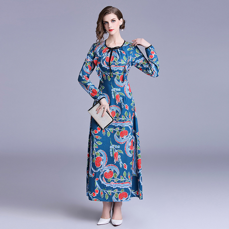 Long sleeve floral bow dress round neck court style maxi dress