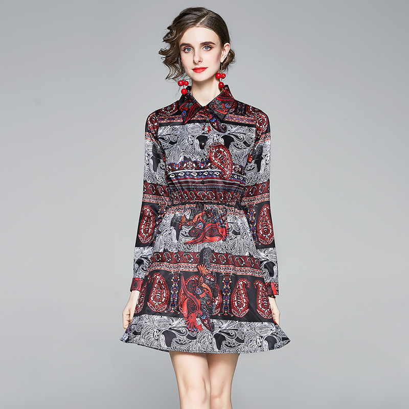 Fashion printing national style slim Korean style dress