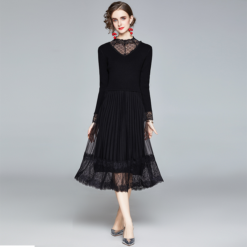 Splice knitted lace long sleeve dress