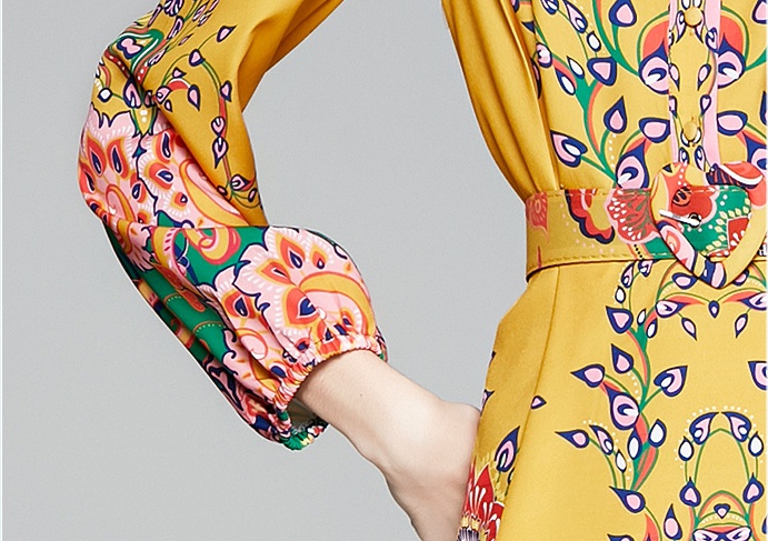 Printing elegant pinched waist cstand collar autumn dress