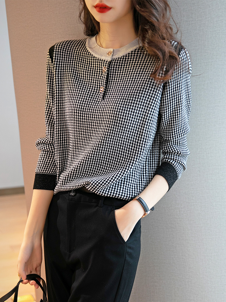 Round neck autumn sweater black-white tops for women