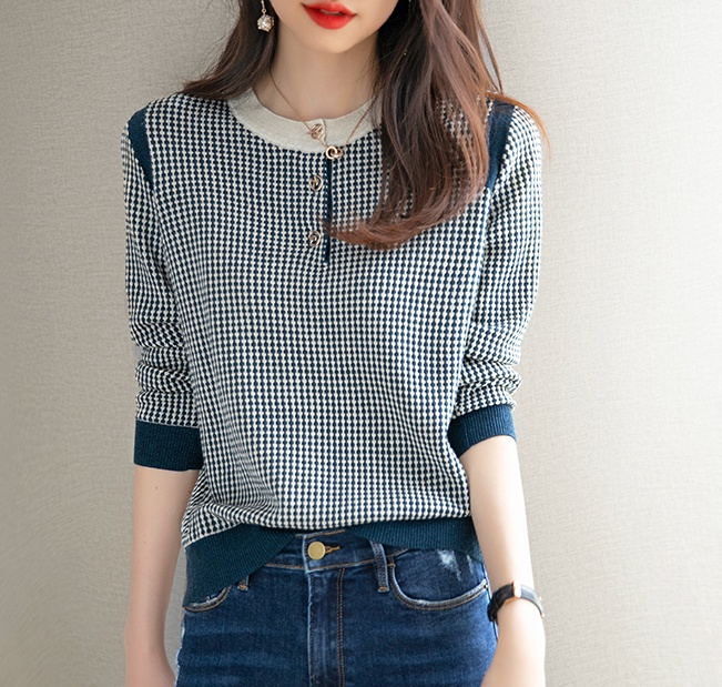 Round neck autumn sweater black-white tops for women