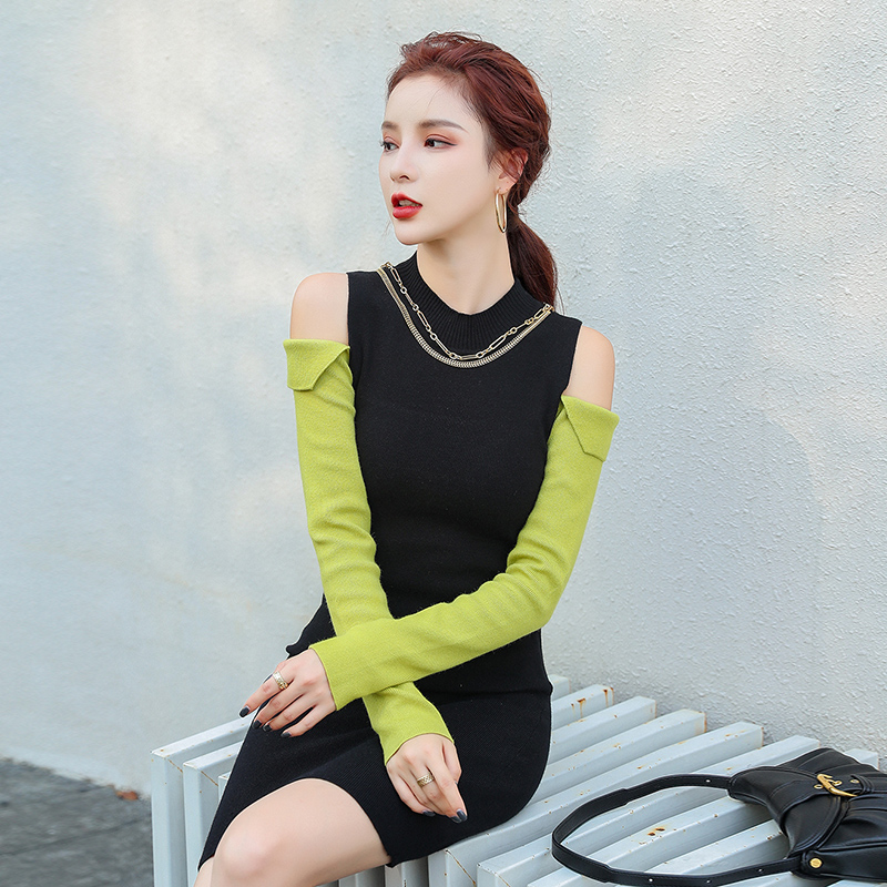 Pullover slim sexy sweater strapless long sleeve knitted dress